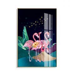Oil Painting Flamingos with Aluminum Alloy Frame Glass Screen