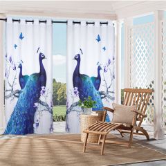 Blue Peacock Print Outdoor Curtain Panel for Porch Patio Easy to Hang On