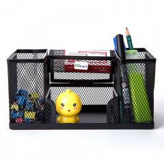 Multifunctional Metal Mesh 5 Compartments Stationery Storage, Black