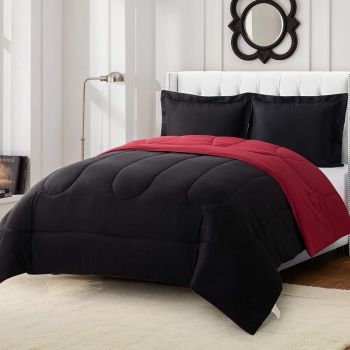 Shatex 2 Pieces Down Alternative Comforter Sets Twin Set - Ultra Soft Hypoallergenic Plush Microfiber Fill - Black and Burgundy Comforter with 1 Pillow Sham