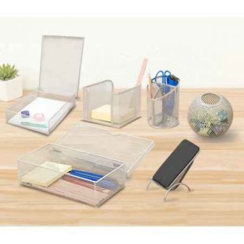 6 Piece Desk Organizer Set, Includes Pencil Holder, Paper Tray, Business Card Holder, Stationery Box, Accessory Cup, Phone Stand (Silver)