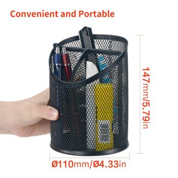 Round Mesh Pencil Holder Desk Office Supplies Organizer 3 Compartments, Black