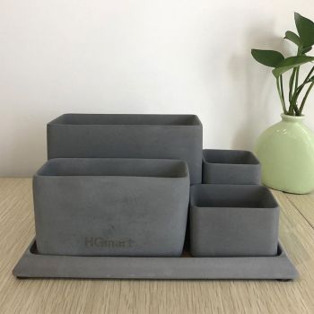 Concrete Pen Holder with 4 Seperate and Different Compartements, Grey