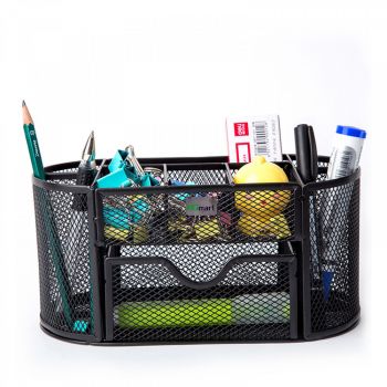 Multifunctional Metal Mesh 9 Compartments Stationery Storage, Black